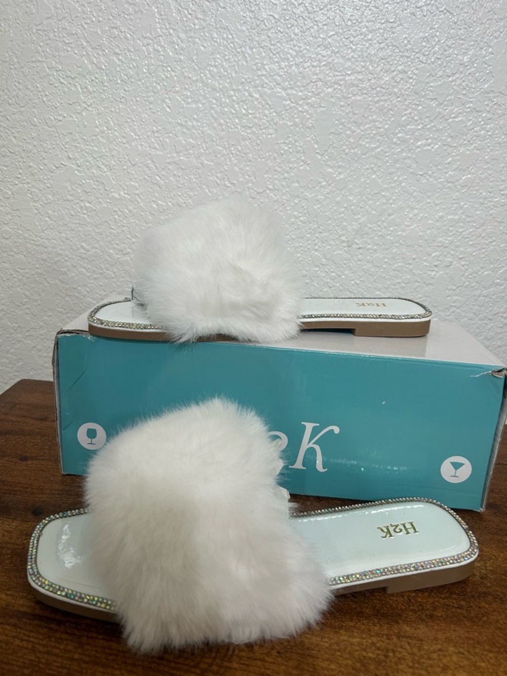 Bride White Faux Fur Slide Sandals with Rhinestone Trim
